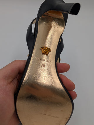 Black Leather Medusa Ankle Strap Open Toe Heels
