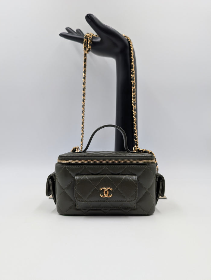 Olive Green Quilted Lambskin Cargo Vanity Case With Chain