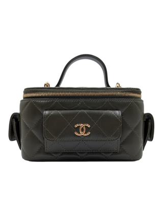 Olive Green Quilted Lambskin Cargo Vanity Case With Chain
