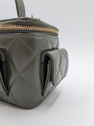Olive Green Quilted Lambskin Cargo Vanity Case With Chain