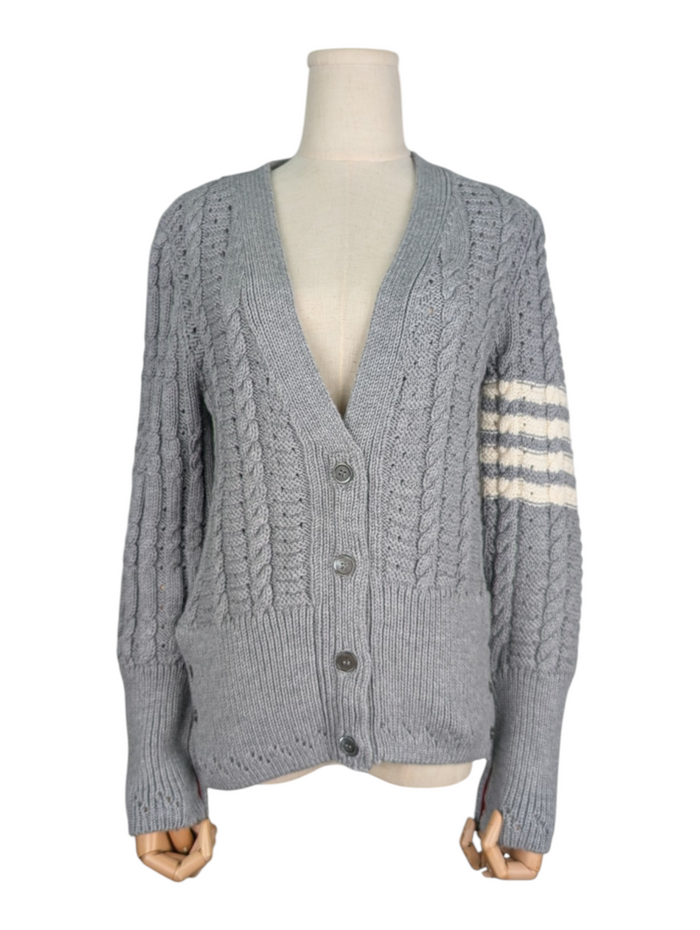 Grey Wool Cable-Knit Cardigan With Opening Sides With Signature Brand Stripe Details