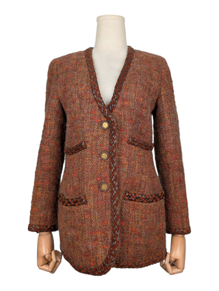 Chanel Vintage Brown Wool Tweed Jacket With Leather Trims