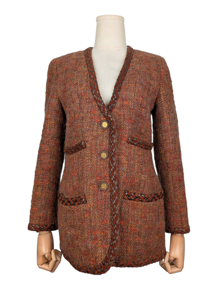 Chanel Vintage Brown Wool Tweed Jacket With Leather Trims