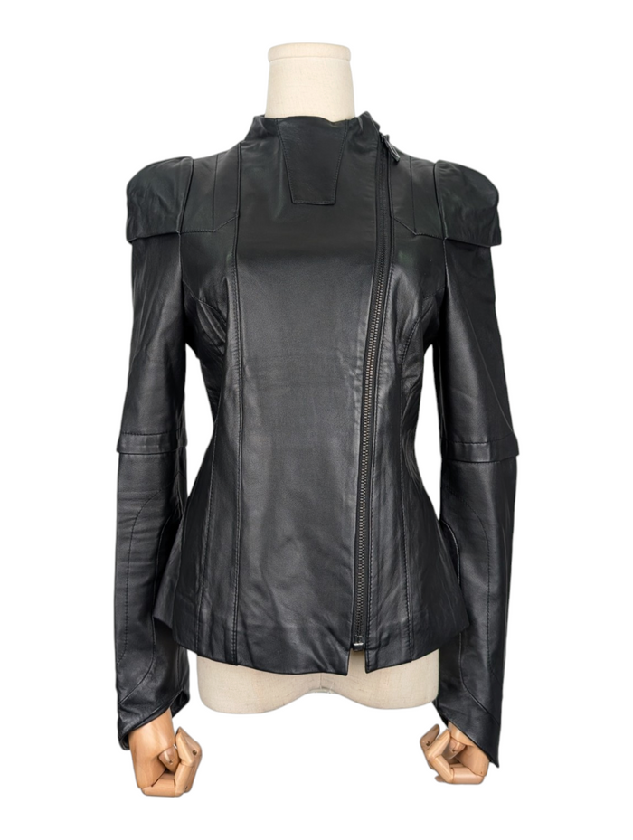 Faith Connexion Black Leather Jacket With Shoulder Details