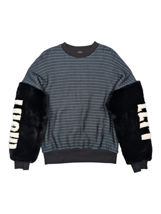 Mr & Mrs Italy Blue And Black Mesh Sweater With Rabbit Hair Sleeves