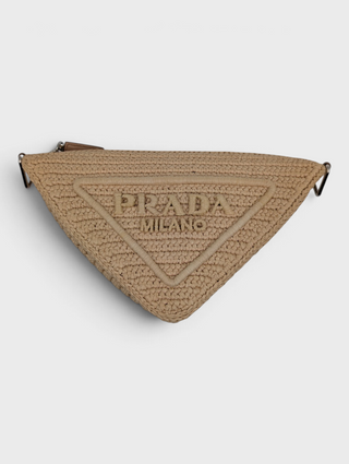 Prada Beige Raffia Crochet Logo Embroidered Triangle Crossbody Pouch