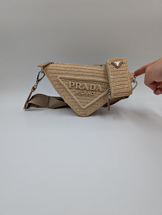Prada Beige Raffia Crochet Logo Embroidered Triangle Crossbody Pouch, view 10