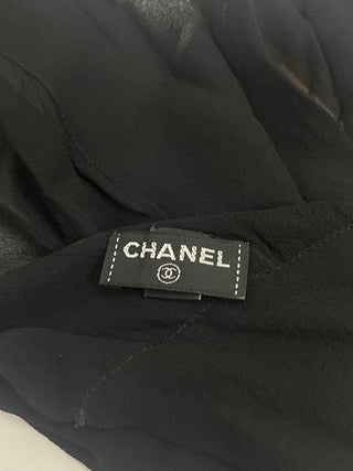 Black Silk Sheer Scarf With Interlocking CC Logo Ribbon Neckpiece
