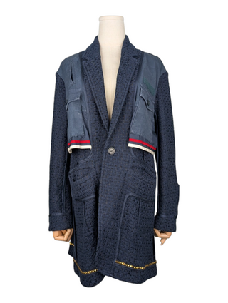 Now From Then Undercover navy oversized cotton jacket with inside-out design, chest pockets, and gold hem studs.